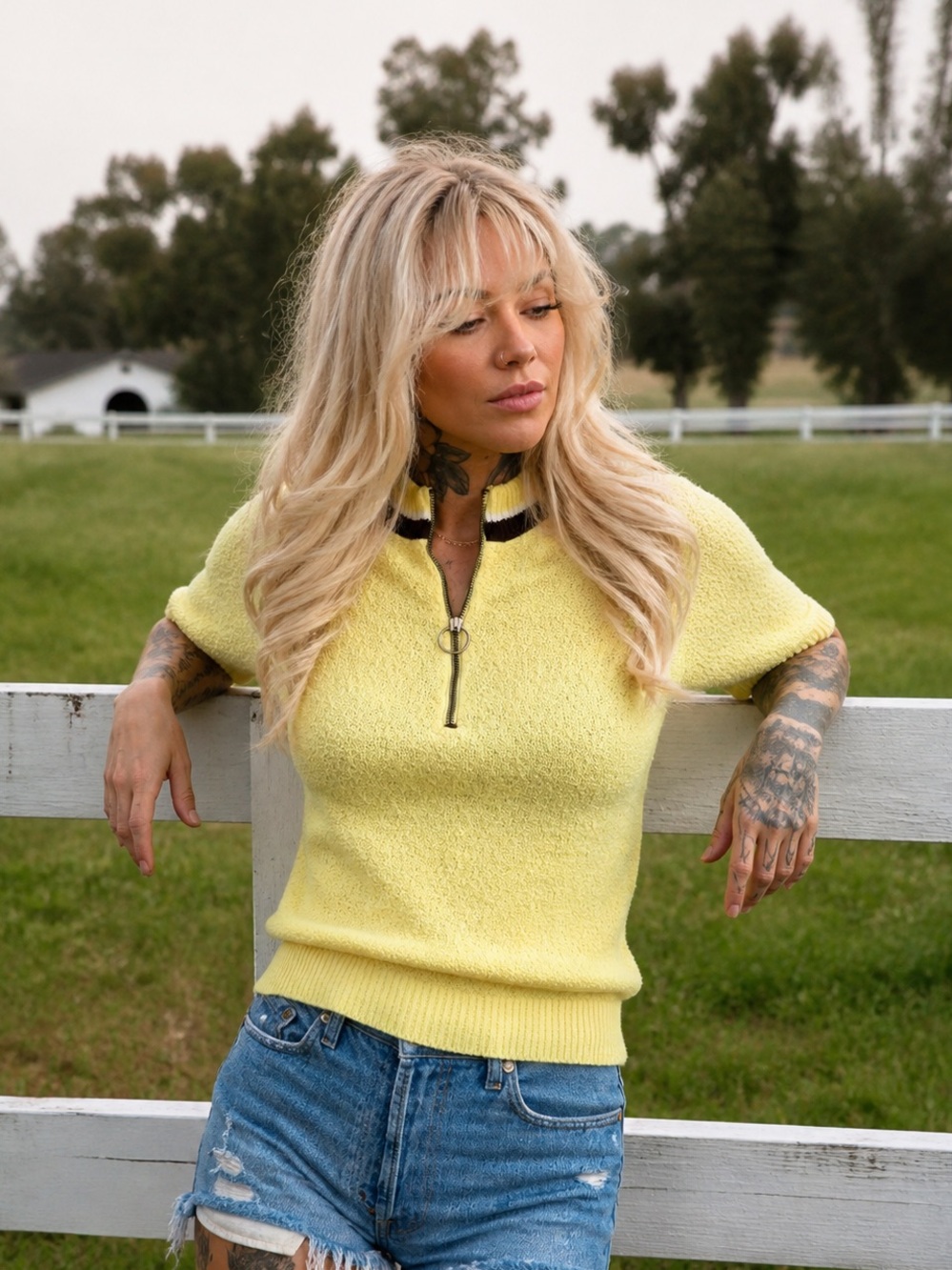 Vintage Penrose Yellow Textured Knit Half-Zip Short Sleeve Sweater